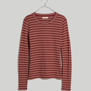 Madewell Fine Ribbed Crewneck Long sleeve Tee in Macey Stripe, dark Merlot